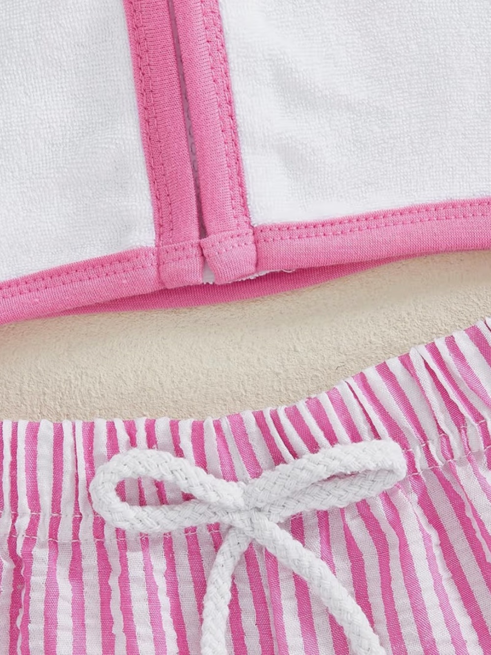 Terry Seersucker Pink Stripe Baby Girl Swim Hooded Terry Cover Up Shorts Top Set - Picture 6 of 11